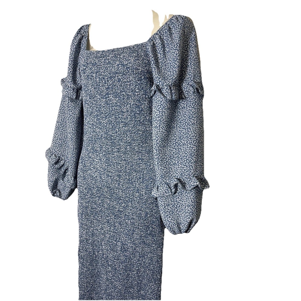 PrettyGarden Blue White Leopard Smocked Midi Dress Puff Sleeve Ruffle Hem Medium - Picture 2 of 7